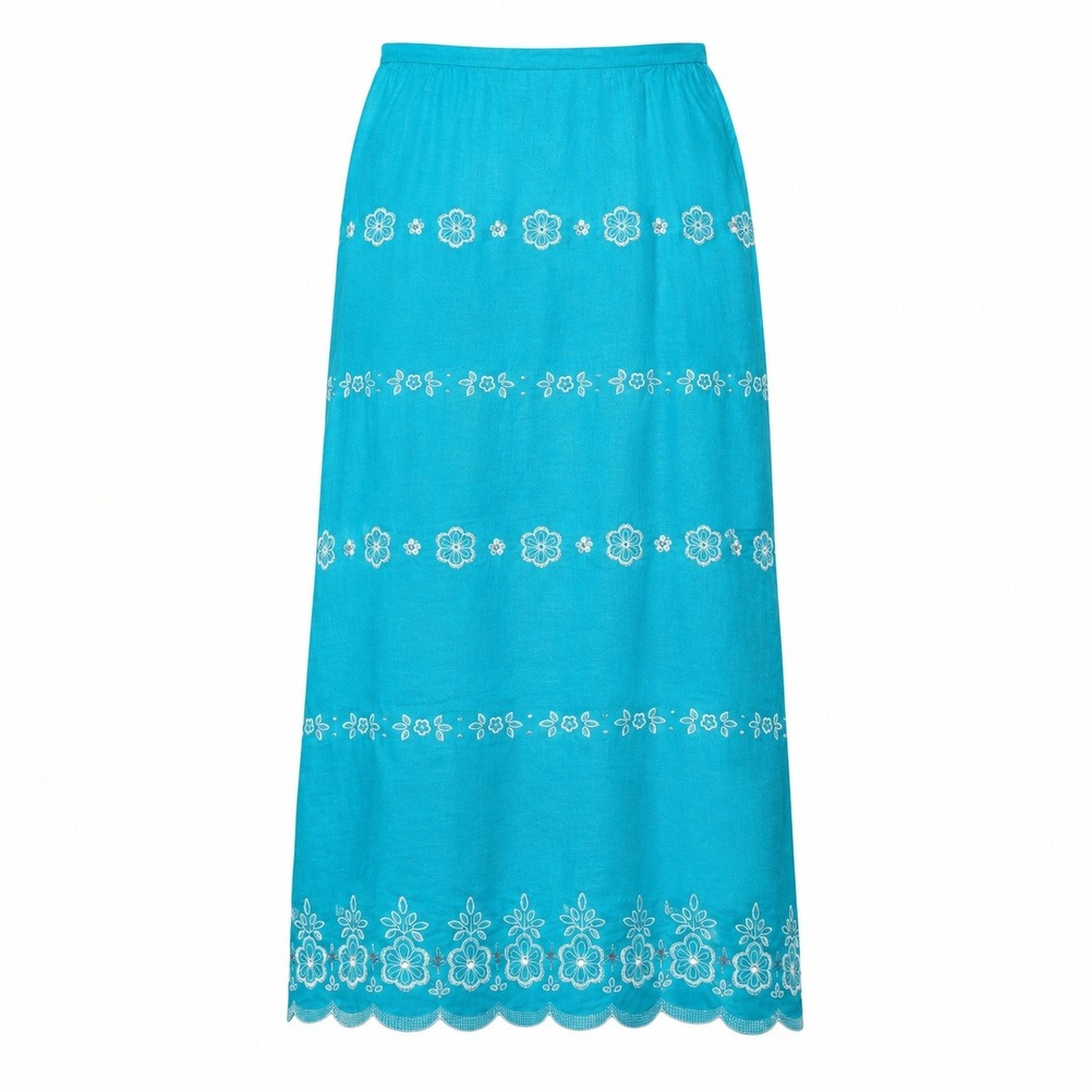 VTG Embroidered Boho Linen Blend Midi Skirt Womens Sz 20 Artsy Coastal Whimsical